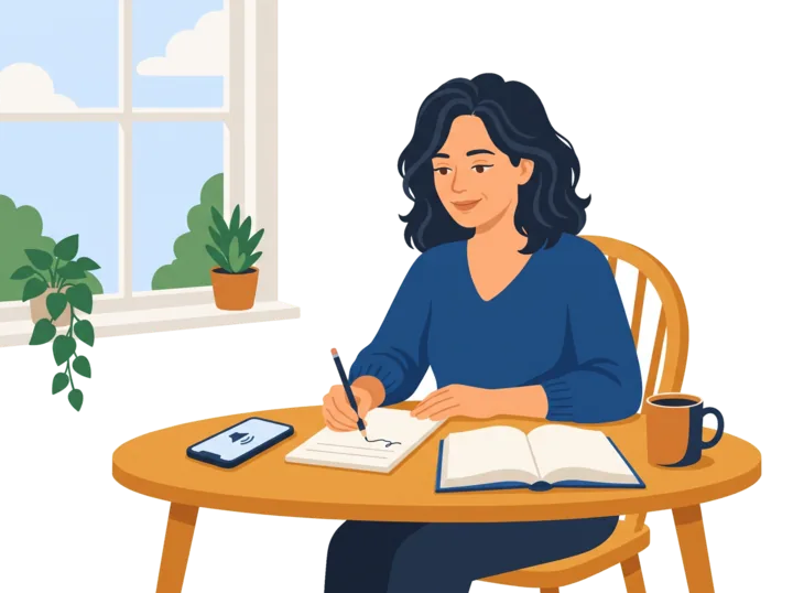 A woman at a table writes a sentence on paper, with an open book and a phone playing audio beside her.