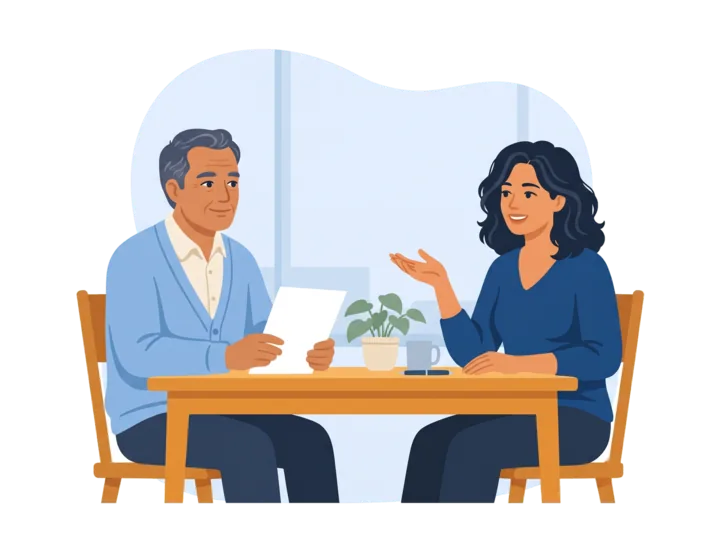 A man holding a sheet of paper listens as a woman answers his questions across a table.