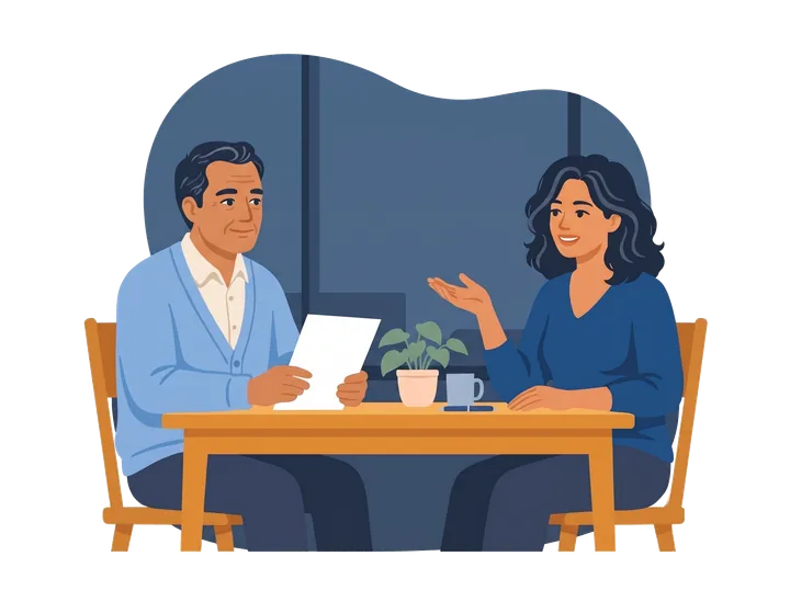 A man holding a sheet of paper listens as a woman answers his questions across a table.