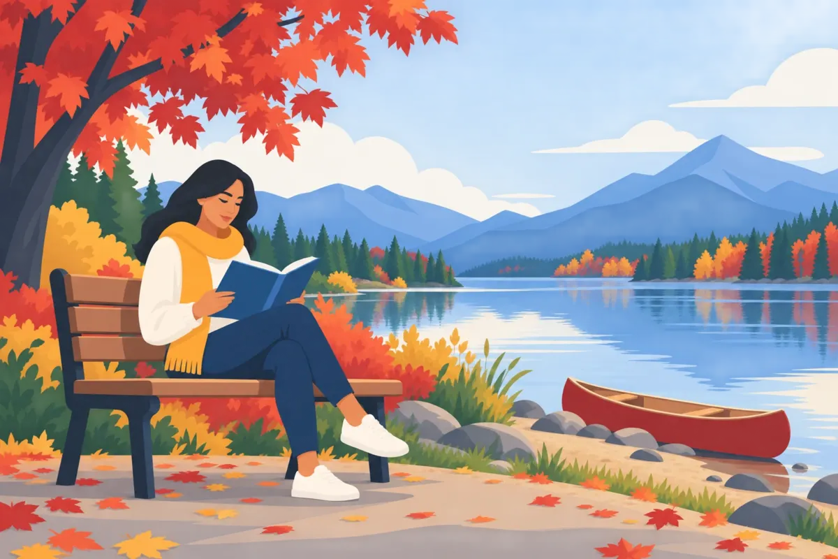 A woman reads a book on a bench by a lake in autumn, with a red canoe on the shore and mountains beyond.