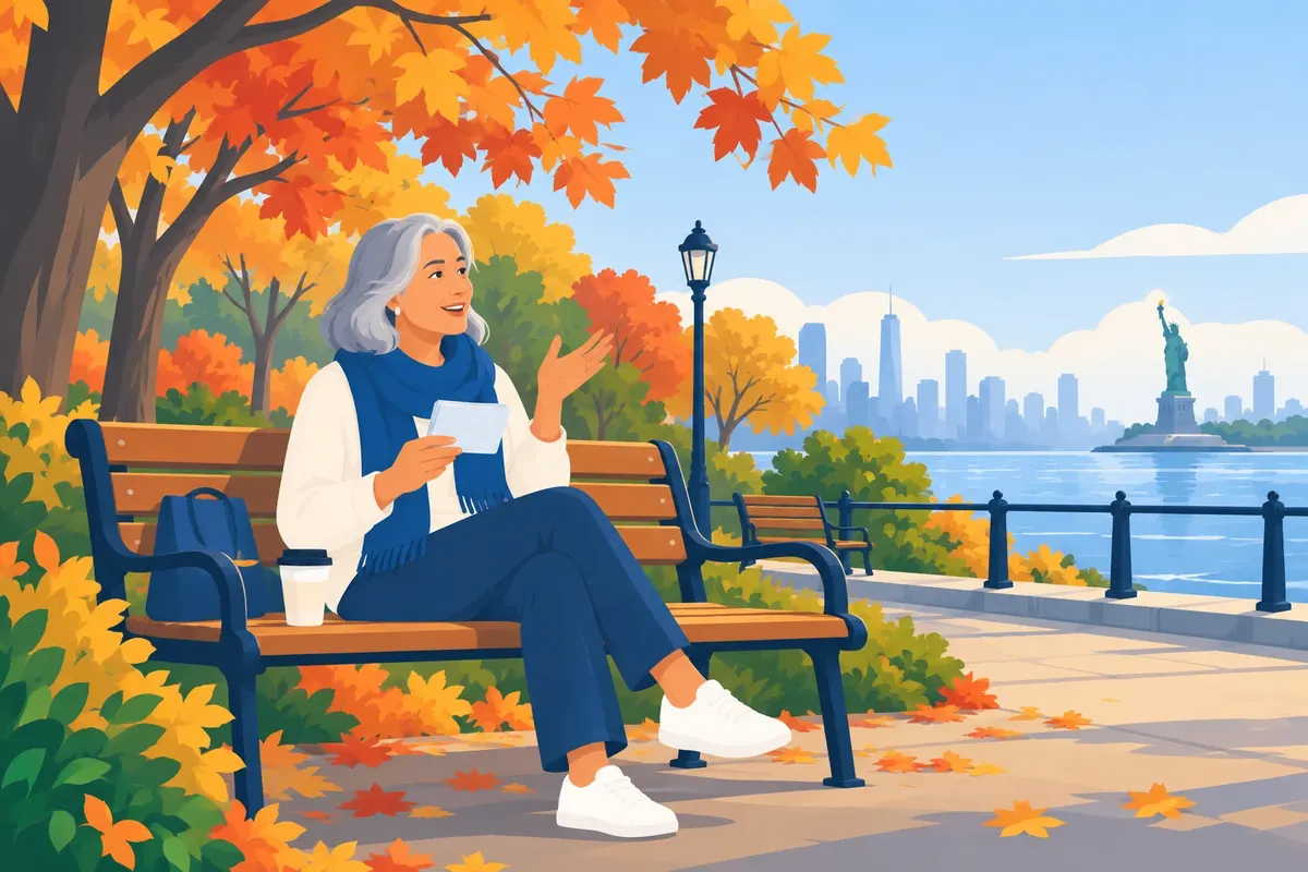 A woman on a park bench in autumn holds a card and talks, with the Statue of Liberty and the New York skyline across the water.